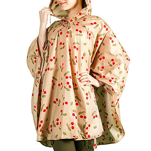Rain Ponchos with Drawstring Hood for Adults,Iusun Cherry Print Motorcycle Bike to School to Work Thin Cape Raincoat,Extra Thick Waterproof Rain Coat for Travel,Camping,Hiking or Outdoors (Khaki)