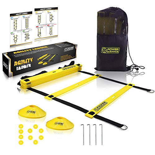 POWER GUIDANCE Agility Ladder (20 Feet) for Speed & Agility Trainning - with 12 Heavy Duty Plastic Rungs, 4 Pegs, Carry Bag & 10 Sports Cones (Yellow)