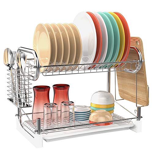 Dish Dying Rack,Ace Teah 2 Tier Dish Rack with Utensil Holder,Plated Chrome Dish Drainer 16.3 x 9.6 x 13.7 inch,Silver