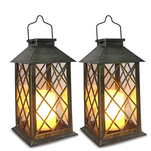 Solar Lantern,Outdoor Garden Hanging Lanterns,Set of 2,Waterproof LED Flickering Flameless Candle Mission Lights for Table,Outdoor,Party Decorative