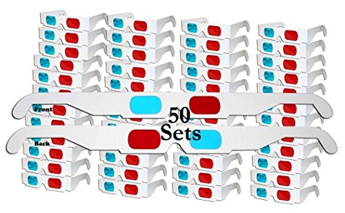 ZiYan- 50 Pairs - Flat- 3D Glasses Red and Cyan White Frame Anaglyph Cardboard