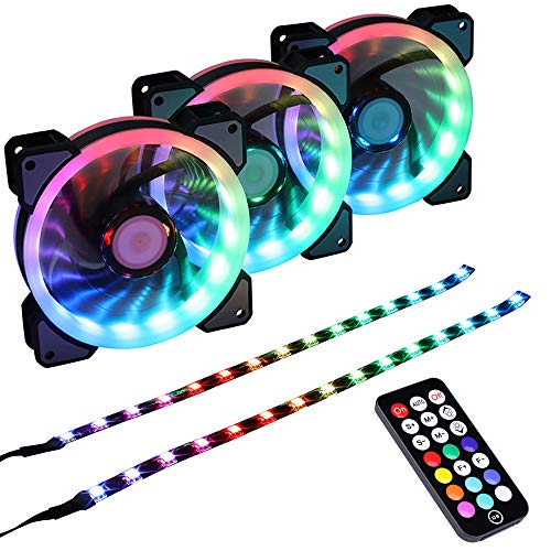 DS Addressable RGB LED 120MM Case Fan with Controller for PC Cases, CPU Coolers, Radiators System (3pcs RGB Fans, 2pcs LED Strips, 4th Gen RF Remote Control, A Series)