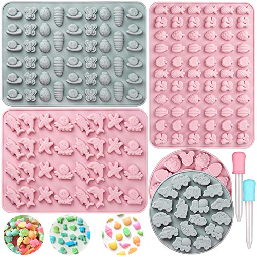 Candy Molds Gummy Molds Set of 5,Food Grade Silicone Nonstick Chocolate Molds with 2 Droppers，187 Cavities of Insect,Fruit,Marine,Car,Animal，Gelatin Molds for Kids DIY Baking Festival Party