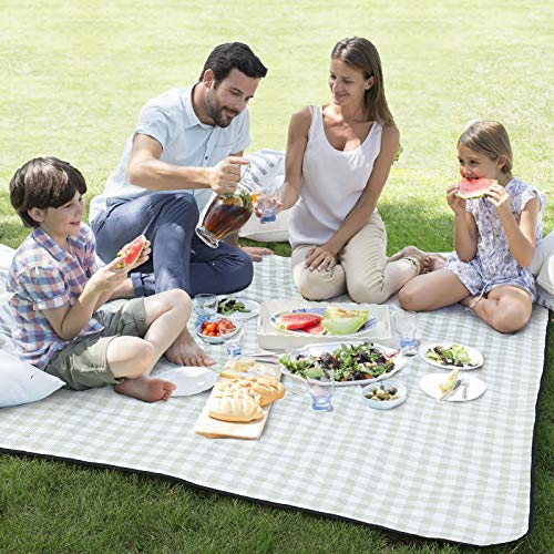 Lahawaha Extra Large Picnic & Outdoor Blanket, 79''x79'' Gingham Picnic Mat for Beach, Camping On Grass Waterproof (Green and White).