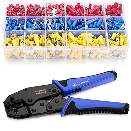 Wire Terminals Crimping Tool, Qibaok Insulated Ratcheting Terminals Crimper Kit of AWG22-10 with 800PCS Insulated Butt Bullet Spade Fork Ring Crimp Terminals Connectors