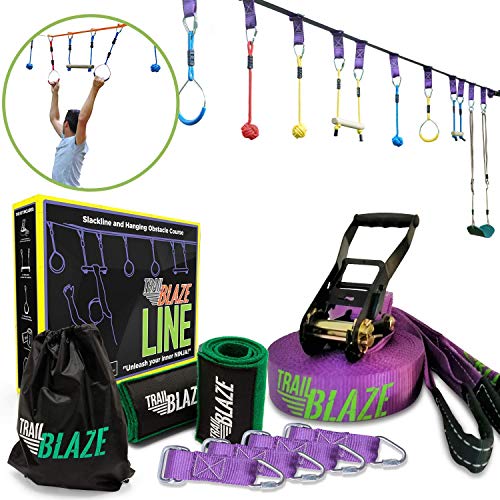 Trailblaze Ninja Warrior Obstacle Course for Kids - 50 ft Slackline Ninja Line Monkey Bars Kit & Bonus Seat Swing - More Obstacles Than Ever w/Adjustable Positions - Perfect Ninja Course Training