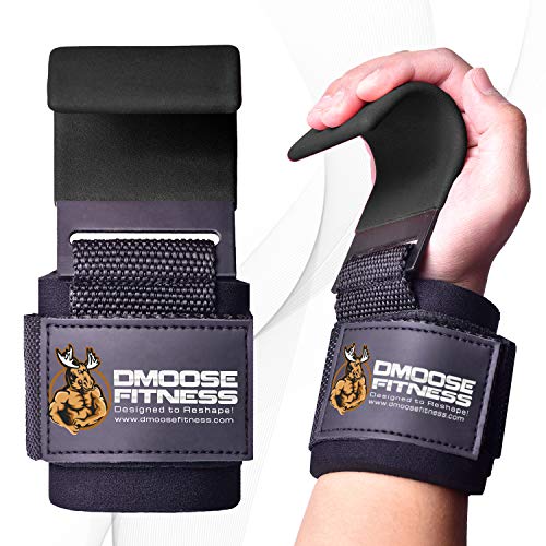 DMoose Fitness Weight Lifting Hooks Grip (Pair) - 8 mm Thick Padded Neoprene, Double Stitching, Non-Slip Resistant Coating – Secure Your Grip and Reach Your Goals (Black (Flat Hook), Flat Hook)