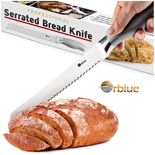 Orblue Serrated Bread Knife Ultra-Sharp Stainless Steel Professional Grade Bread Cutter - Cuts Thick Loaves Effortlessly - Ideal for Slicing Bread, Bagels, Cake (8-Inch Blade with 4.9-Inch Handle)