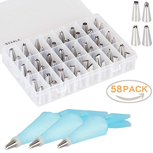 58 Pcs Cake Decorating Supplies Kits, Qozary Frosting Bags and Tips Set with 52 Stainless Steel Cake Icing Piping Tips, 3 Reusable Silicone Pastry Bags and 3 Couplers Baking Supplies Set