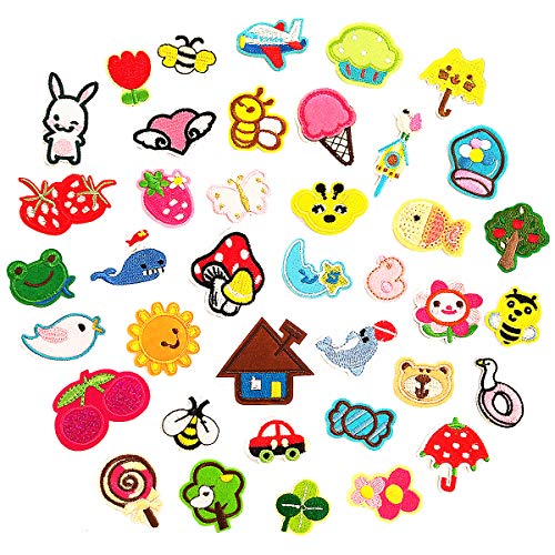 Czorange 39pcs Cute Iron On Patches Kids Small Decorative Patches Sewing On for Clothes Jackets Hats Backpacks Jeans, Flowers Hearts Butterfly Animals & More