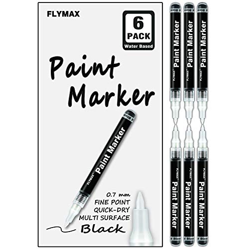 Black Acrylic Paint Pen, 6 Pack 0.7mm Acrylic Black Permanent Marker Black Paint Pen for Glass Ceramic Rock Leather Plastic Stone Metal Canvas Enamel Marker Waterproof Writing Extra Fine Point