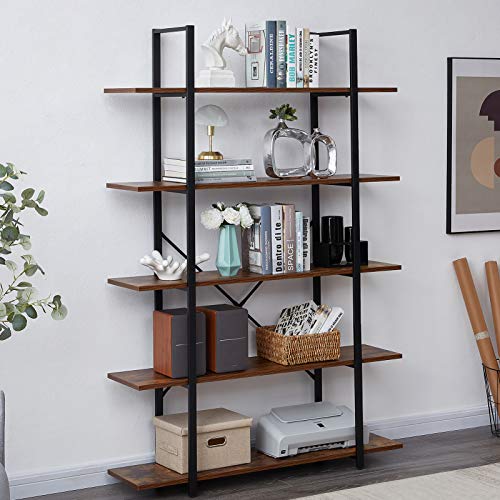 SUPERJARE 5-Shelf Industrial Bookshelf, Open Etagere Bookcase with Metal Frame, Rustic Book Shelf, Storage Display Shelves, Wood Grain - Retro Brown