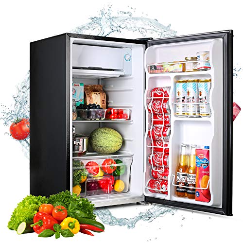 Compact Refrigerator, TACKLIFE 3.2 Cu.Ft Mini Fridge with Freezer, Low noise suitable for Bedroom, Office or Dorm, with Adjustable Remove Glass Shelves, Contemporary Classic Black - MPBFR321