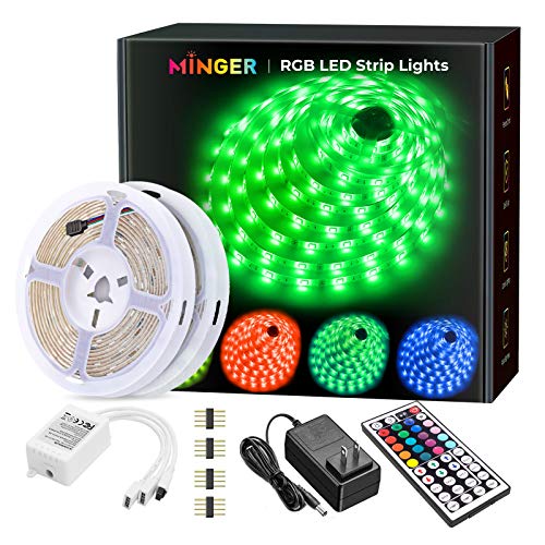 MINGER Led Strip Lights Kit, 32.8Ft RGB Light Strip with Remote, Controller Box and Support Clips for Room, Bedroom, Home, Kitchen Cabinet, Party Decoration 12V/3A Adapter, Non-Waterproof, 2x16.4Ft