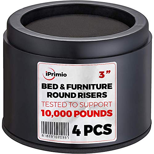 iPrimio Bed and Furniture Risers – Round Elevator up to 3” & Lifts Up to 10,000 LBs - Protect Floors and Surfaces – Durable ABS Plastic and Anti Slip Foam Grip – Non Stackable