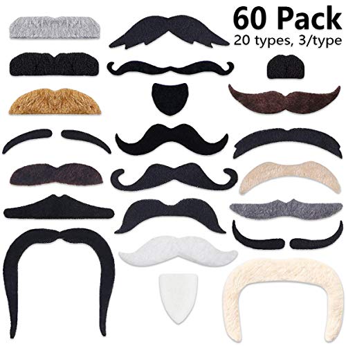 60 Pcs Fake Beard Self Adhesive [20 Designs] Novelty Hairy Mustaches Costume Facial Hair for Birthday and Halloween Party Supplies