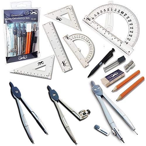Mr. Pen Geometry Set with 6 Inch Swing Arm Protractor, Divider, Set Squares, Ruler, Compasses and Protractor, 15 Piece Set