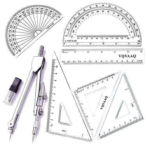 7 Piece Geometry School Set,with Quality Compass, Linear Ruler, Set Squares, Protractor (Silver)