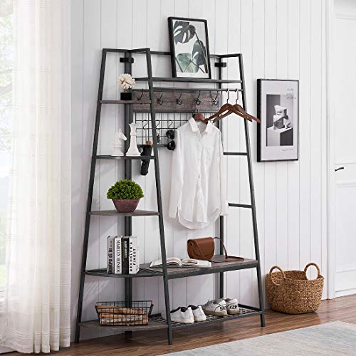 O&K FURNITURE Entryway Hall Tree with Storage Shelves and Bench, Industrial Shoe Rack Bench with 10 Coat Hooks and Hanging Bar, Gray