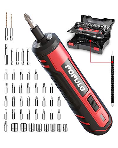 4V Cordless Electric Screwdriver Kit, USB Rechargeable Lithium ion Battery, LED Work Light, 32 pieces Screwdriver Bits, 8 Sockets, Flex Hex Shaft, Bit Holders and Storage box, Populo CSL-4000