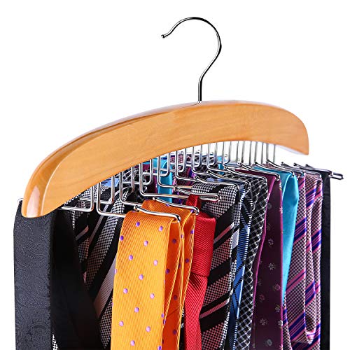 Ohuhu Tie Rack, Wooden Tie Organizer, 24 Tie Hanger Hook Storage Rack, Closet Accessory Organizer, Twirl Neck Tie Rack Holder Hook