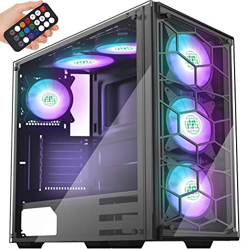 MUSETEX Phantom Black ATX Mid-Tower Case with USB 3.0 and 6 ×120mm RGB Fans, Tempered Glass Panels Gaming PC Case Computer Chassis（907）
