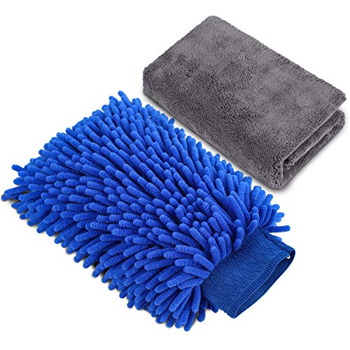 AUTODECO 2in1 Car Wash Mitt Extra Large Size Premium Chenille Microfiber Waterproof Wash Glove with Highly Absorbent Drying Cleaning Towel Lint Free Scratch Free Cleaning Tool Kit - 1 Mitt & 1 Towel