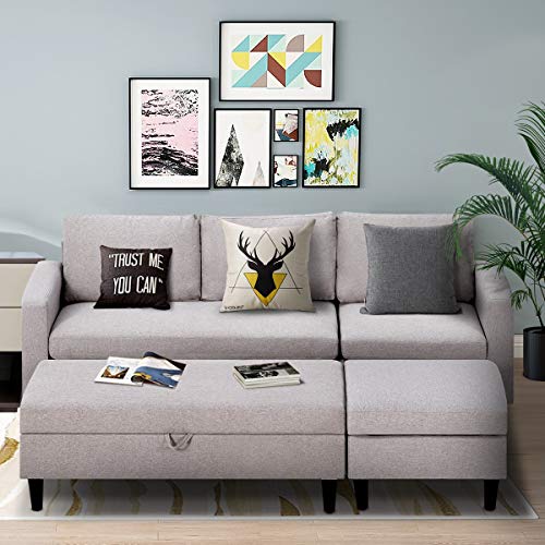 Esright Small Light Gray Sectional Sofa with Storage Ottoman and Chaise Lounge, 3-Seat Fabric Living Room Furniture Sets, L-Shape Couch Sofa for Small Apartment, Living Room, Light Gray