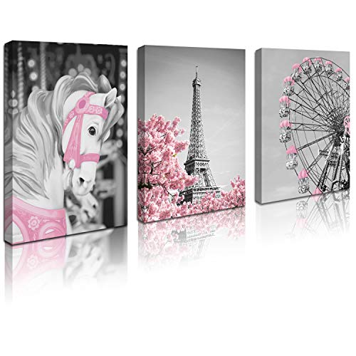 Pink Paris Eiffel Tower Wall Art Canvas Decoration Black and White for Girls Bedroom Bathroom Wall Decor Pictures Kitchen Canvas Framed Artwork for Walls Pink Modern Home Size 16x24 In Each Panel