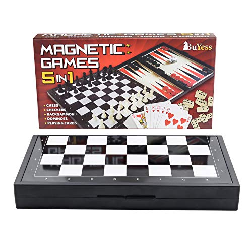 5 in 1 Magnetic Travel Chess, Checkers, Dominoes, Backgammon, Cards Set 9.8' x 9.8' Mini Board Games