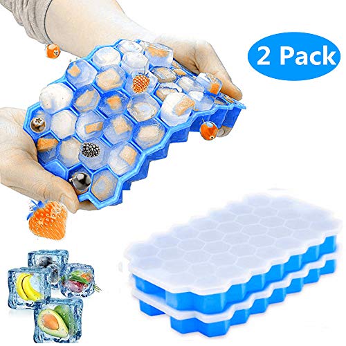 Ice Cube Trays with Lids 2 Pack Silicone Mini Ice Cube Trays Flexible 74-Ice Trays Ice Trays For Freezer BPA Free (Blue-2Pack)…