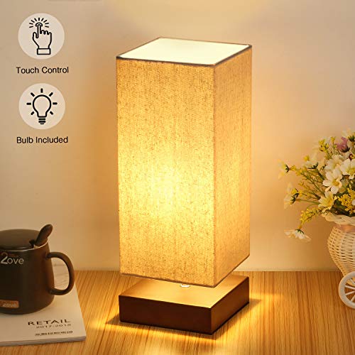 Touch Control Table Lamp Bedside 3 Way Dimmable Touch Desk Lamp Modern Nightstand Lamp with Square Fabric Lamp Shade Simple Night Light for Bedroom Living Room Office, Led Bulb Included