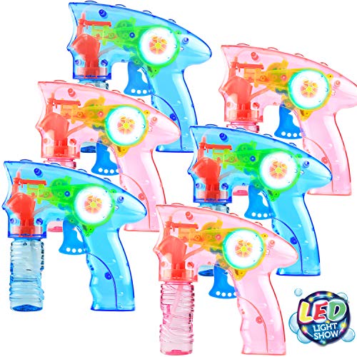 6 Pcs Bubble Gun Shooter LED Light up(no Batteries Needed), Wind up Operated Bubbles Blaster Blower with Bottle Solutions, Bubble Blowing Toy kit for kid Boy and Girl Outdoor Summer Game Party Favor