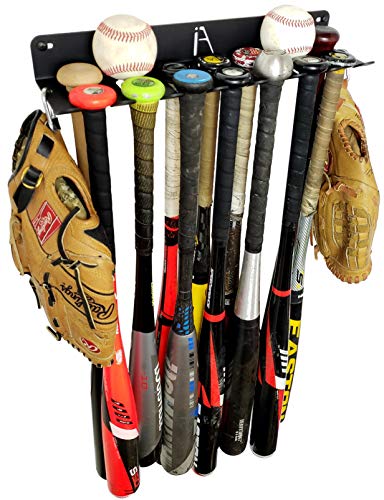 IRON AMERICAN Alpha Bat Rack Series - (Holds 7-14 - OR 21 Bats) - Fence or Wall Heavy-Duty Steel Wall or Fence Mounted Baseball Softball Bat Storage Ball Display Shelf Hanger Hardware Included