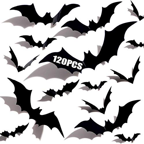 120PCS Halloween Party Supplies Decorations PVC 3D Scary Bats Halloween Eve Decor Wall Stickers Decor Fear Decal Home Window Decoration Set, Black