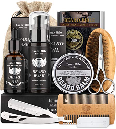 Isner Mile Beard Kit for Men, Grooming & Trimming Tool Complete Set with Shampoo Wash, Beard Care Growth Oil, Balm, Brush, Comb, Scissors & Storage Bag, Perfect Gifts for Him Man Dad Father Boyfriend