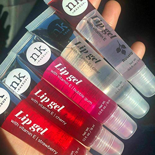 VARIETY SET OF 5 NK Hydrating Lip Gel - Vitamin E Thick Gloss. (Clear, Rosehip Oil, Bubble Gum, Cherry, Strawberry)