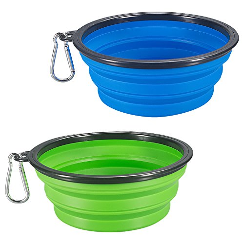 COMSUN 2-Pack Extra Large Size Collapsible Dog Bowl, Food Grade Silicone BPA Free, Foldable Expandable Cup Dish for Pet Cat Food Water Feeding Portable Travel Bowl Blue and Green Free Carabiner