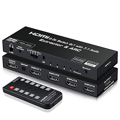 HDMI Switch with 7.1 Audio Extractor, Koopman 4K 60Hz 4 Port HDMI Switch Box with HDMI Atmos 7.1CH/Optical TOSLINK SPDIF/3.5mm Stereo Audio Out, HDMI Audio Switch with Remote Support ARC HDR HDCP 2.2