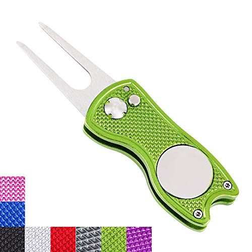 Mile High Life All Metal Foldable Golf Divot Tool with Pop-up Button & Magnetic Ball Marker (Lime Green Fish)
