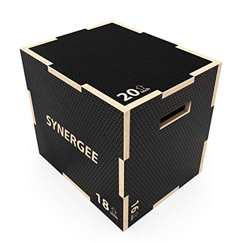 Synergee 3 in 1 Non-Slip Wood Plyometric Box for Jump Training and Conditioning. Wooden Plyo Box All in One Jump Trainer. Size - 20/18/16