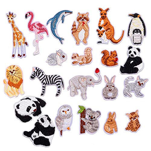 21 Pieces Zoo Animals Iron on Patches Cute Embroidered Panda Giraffe Lion Flamingo Squirrel Rabbit Sewing Patches Appliques for Shoes Clothes Backpacks Embellishments