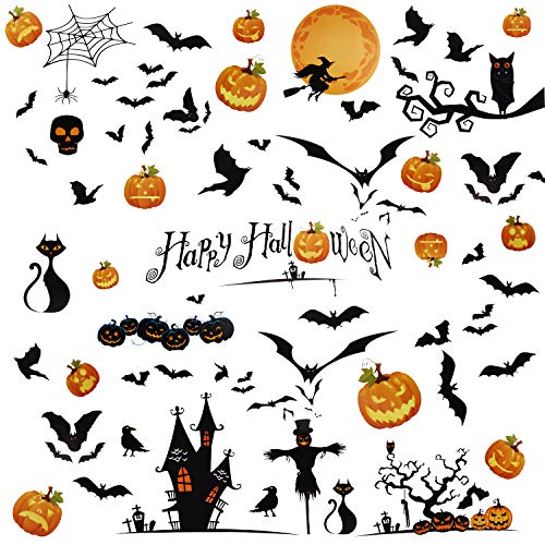 Halloween Decorations, Wall Decal Window Decor Party Supplies, with Bats Pumpkin Tombstone - 6 Sheets, 32 Stickers