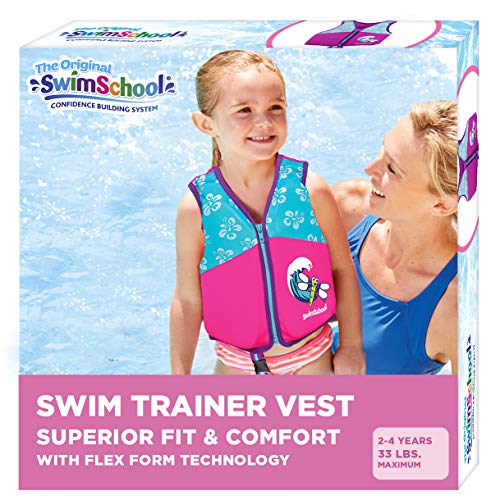 SwimSchool New & Improved Swim Trainer Vest, Flex-Form Design, Padded Shoulders and Adjustable Safety Strap, Easy On & Off, Small/Medium, Up to 33 Lbs., Pink/Aqua