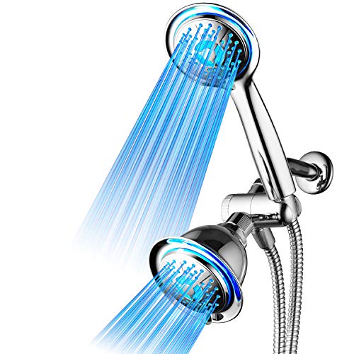 DreamSpa All Chrome 3-way LED Shower Head Combo with Air Jet LED Turbo Pressure-Boost Nozzle Technology. Color of LED lights changes automatically according to water temperature