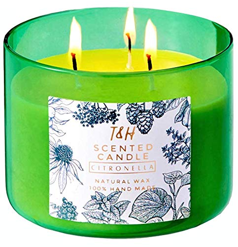 T&H Citronella Candles Outdoor Indoor Large Pure Soy Wax 3-Wick Scent Candle 80 Hour Burn 16 Ounces Highly Scented Long Lasting