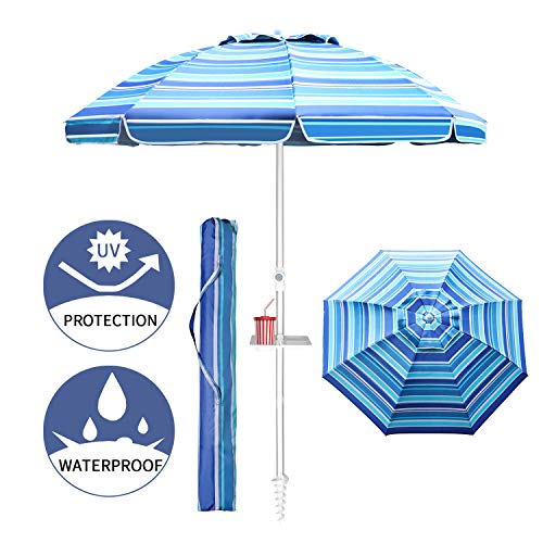 Aclumsy 7ft Beach Umbrella with Tilt Aluminum Pole and UPF 50+, Air Vents Design and Portable Sun Shelter for Sand and Outdoor Activities - Blue White Stripe