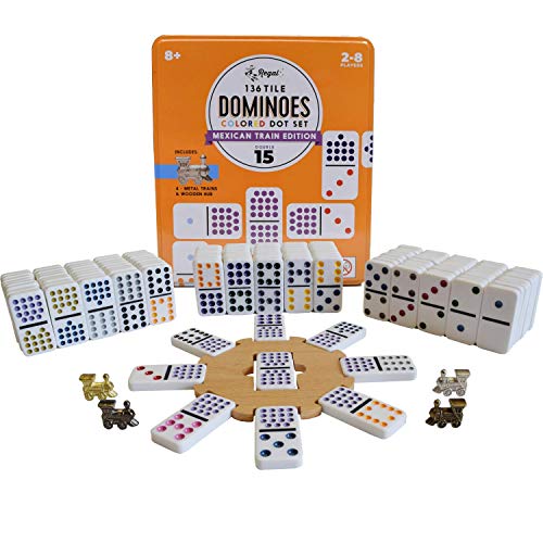 Regal Games Double 15 Colored Dot Dominoes Mexican Train Game Set with Wooden Hub, 136 Domino Tiles, 8 Metal Trains, and Collectors Tin