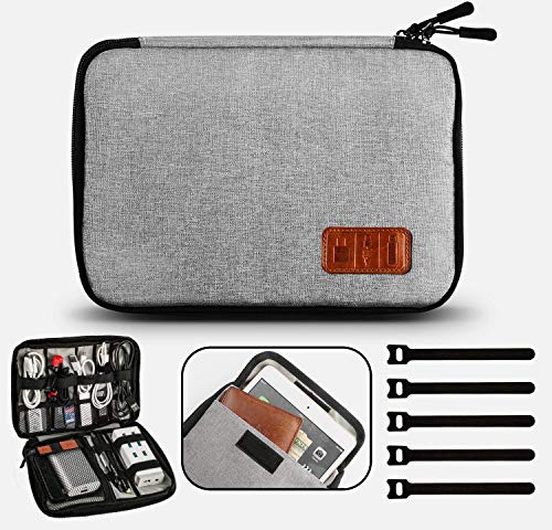 Electronic Organizer Waterproof Portable Travel Cable Accessories Bag Soft Case with 5pcs Cable Ties for USB Drive Phone Charger Headset Wire SD Card Power Bank(Grey)
