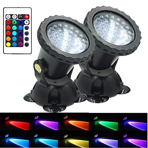 AomeTech Upgraded Pond Light, Waterproof Underwater Submersible Spotlights with Remote, 36 LED Multi-Color Adjustable Dimmable Lights for Aquarium, Fish Tank, Swimming Pool, Garden (2pack)